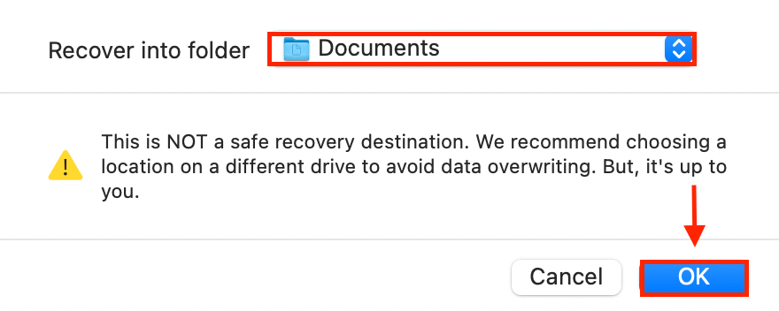 disk drill popup for choosing a recovery destination folder