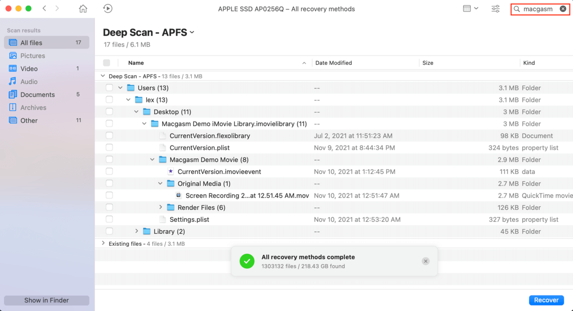 disk drill window showing the scan results with an outline around the search bar