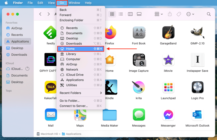 finder go menu with a pointer towards the home folder