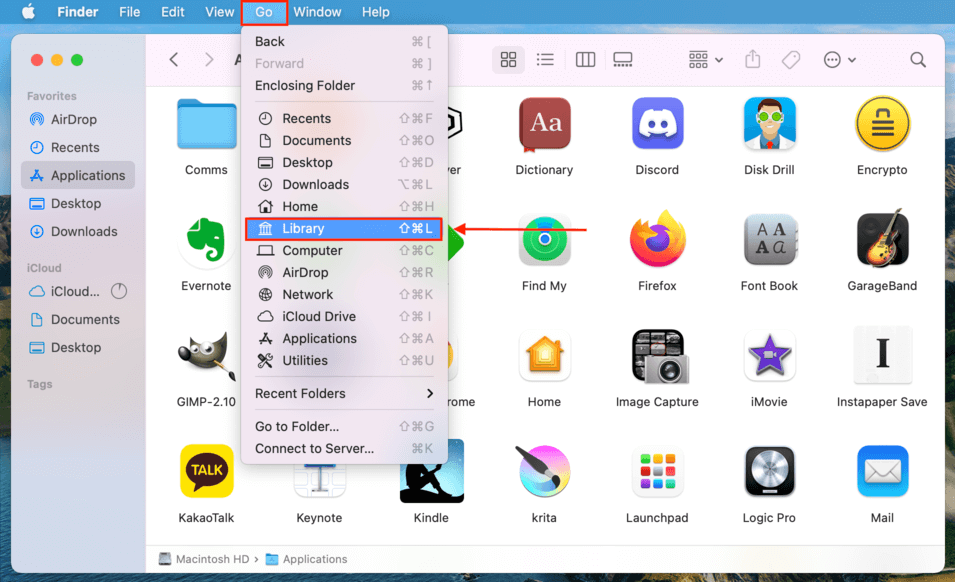 finder go menu with a pointer towards the library folder