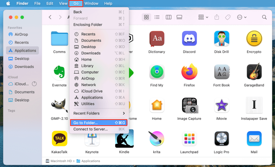 finder go menu with an outline around the go to folder option