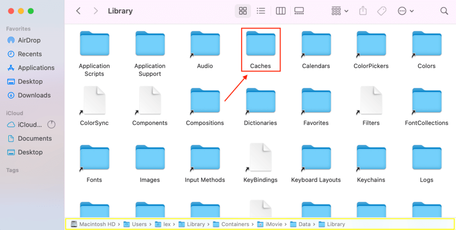 library folder with a pointer towards the caches folder and an outline around the folder path