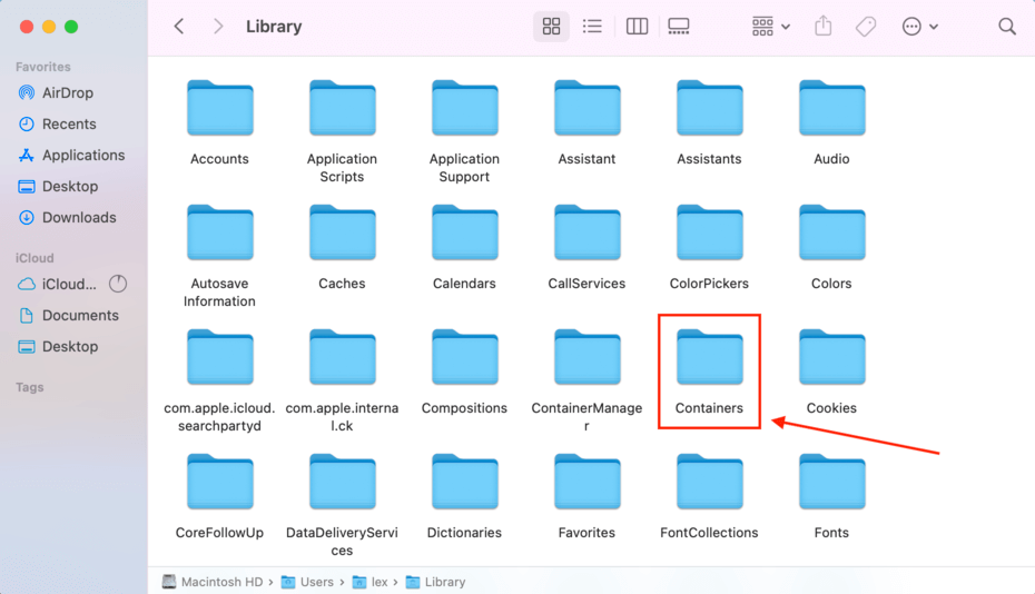 library folder with a pointer towards the containers folder