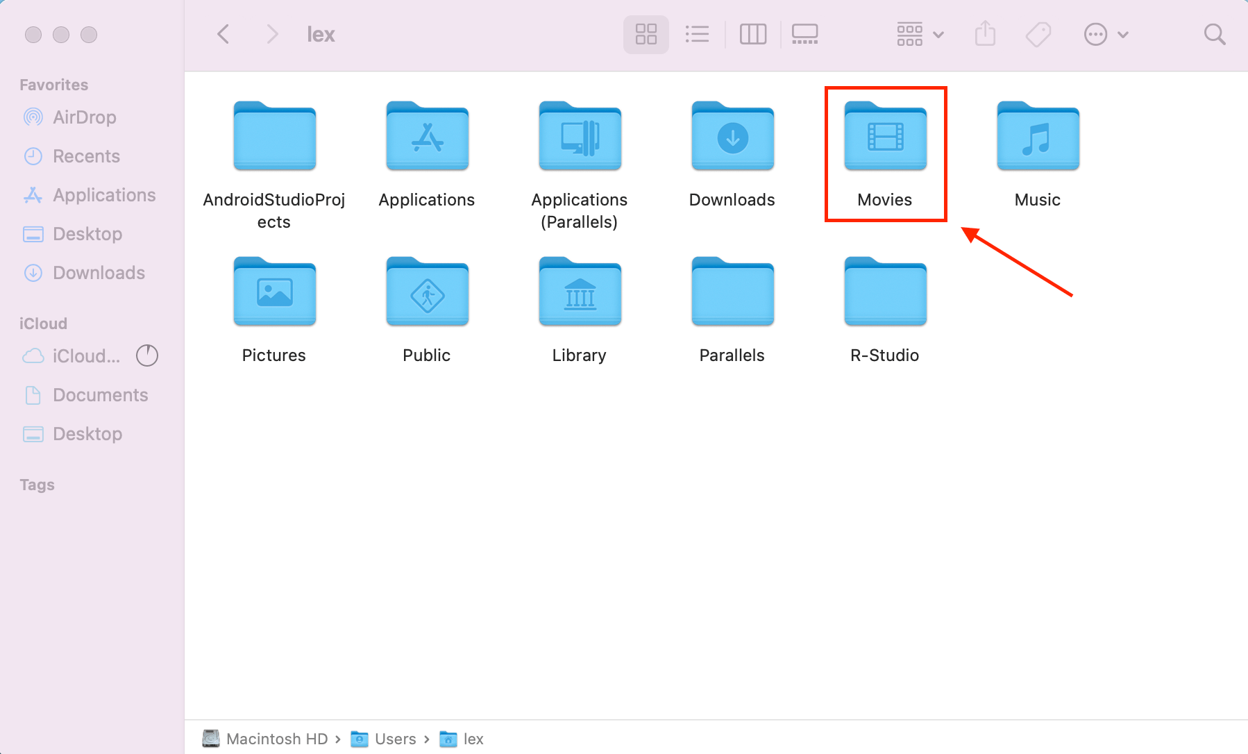 home folder with a pointer towards the movies folder