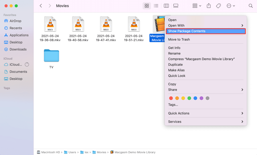 right-click options for iMovie library with the show package contents option highlighted