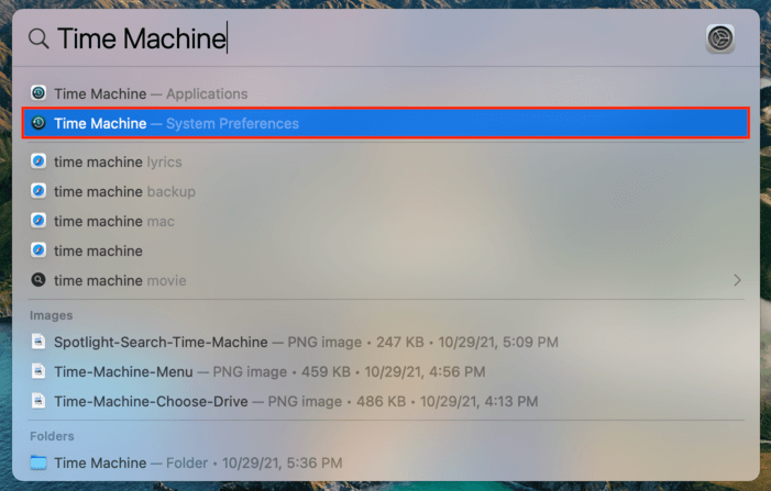 spotlight search results for time machine