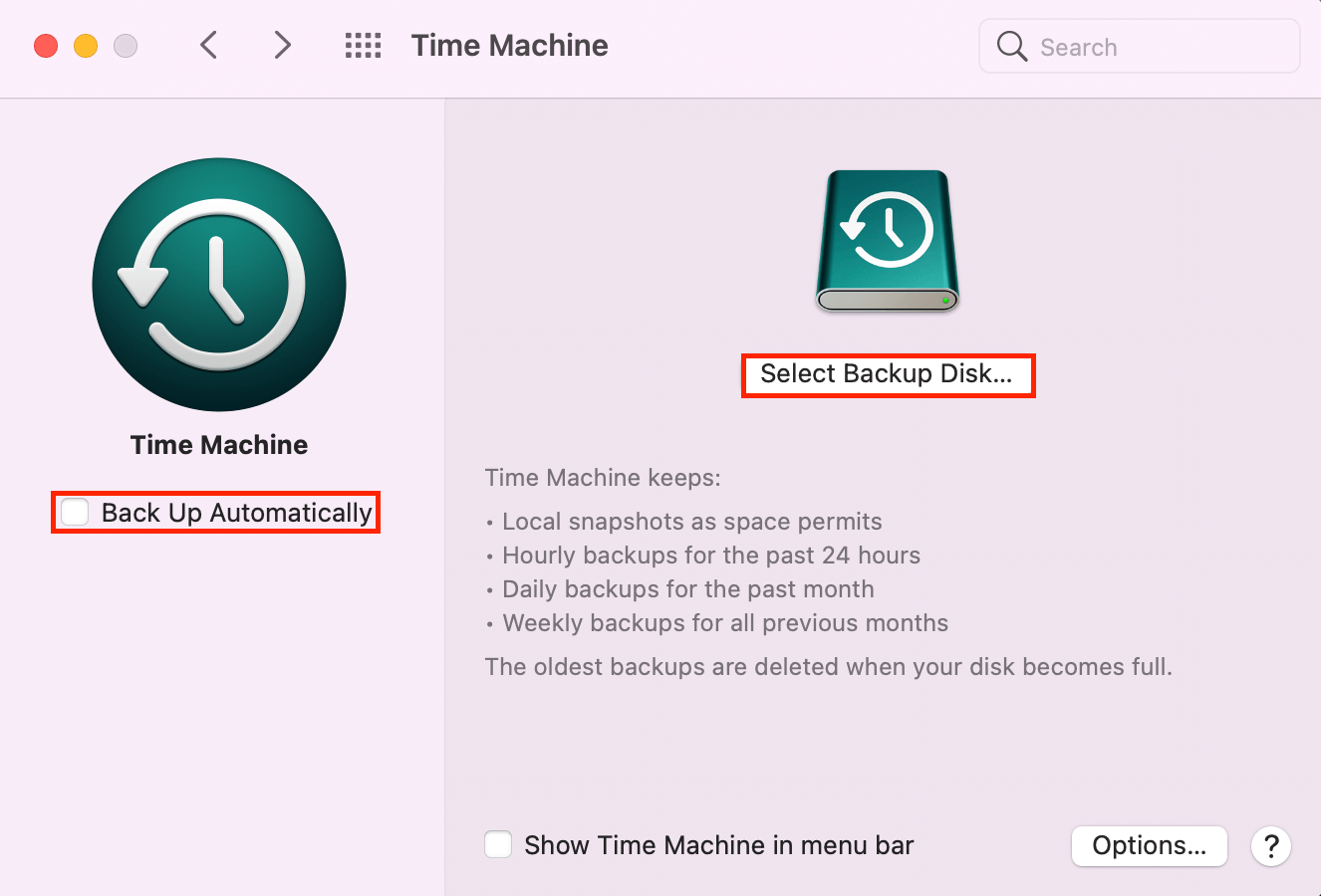 time machine window with an outline around select backup disk button and automatic backup checkbox