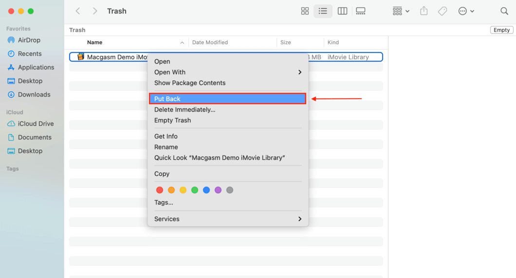 right-click menu on an iMovie library in the trash folder with a pointer towards the put back option