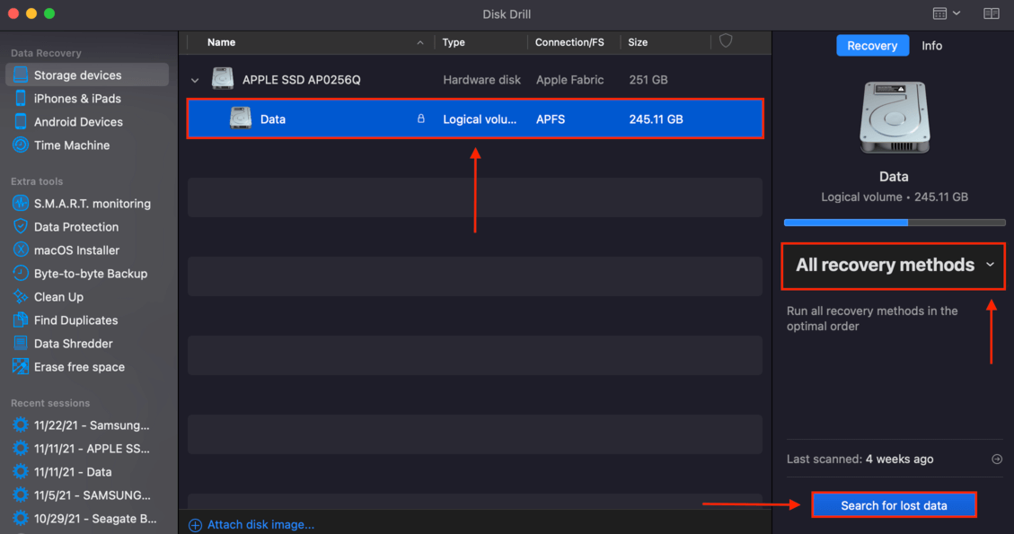 disk drill volume selection window with a pointer towards an APFS volume