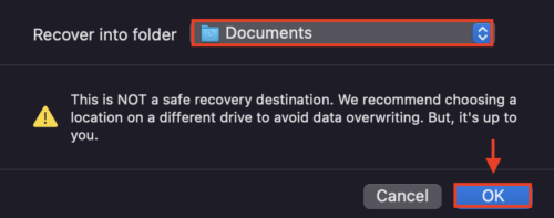 disk drill popup where you can choose your recovery destination folder with a pointer towards the the ok button