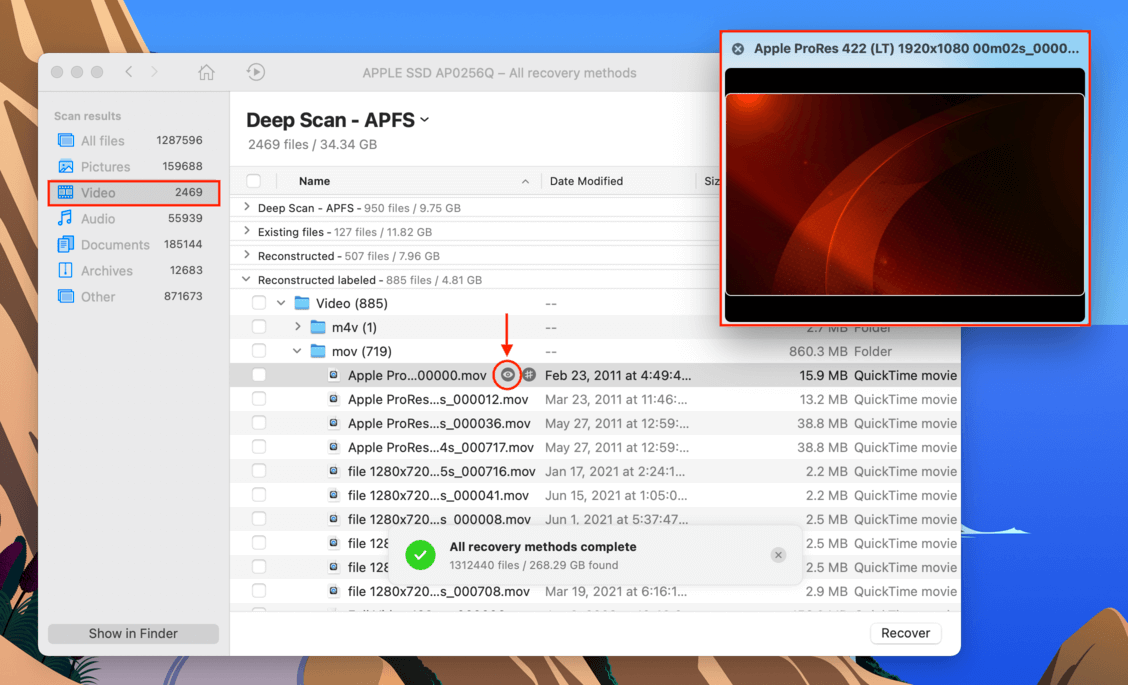 Disk Drill file recovery selection window showing a video file preview