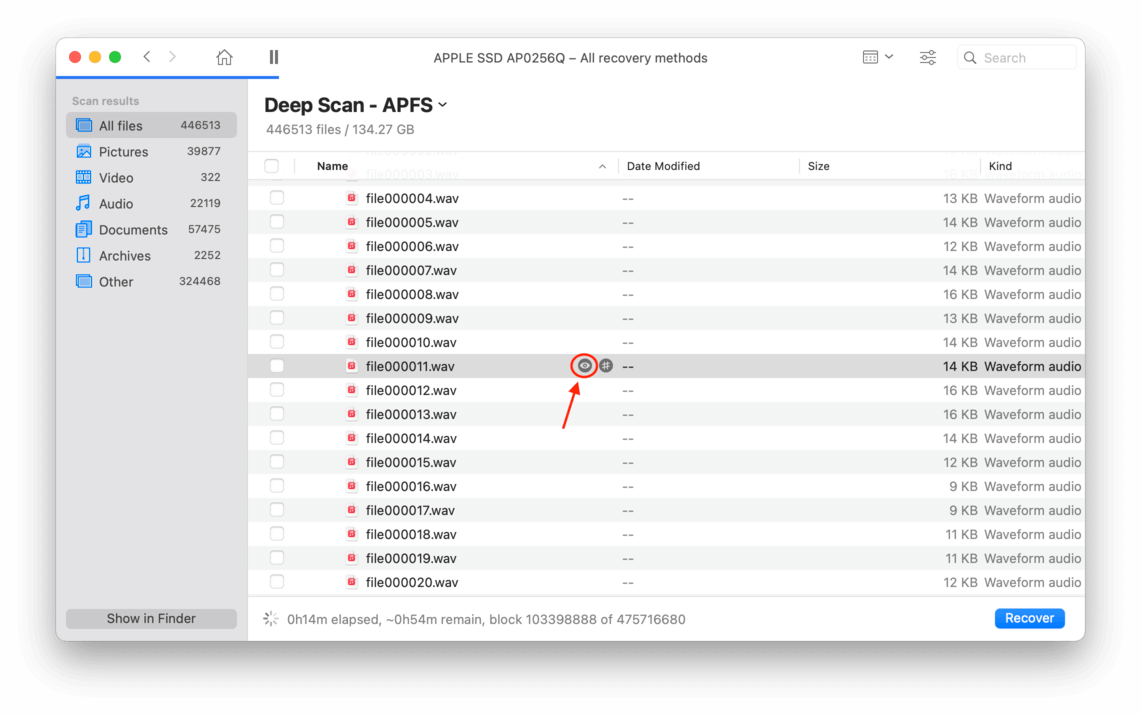 disk drill file list window with a pointer towards the preview eye button