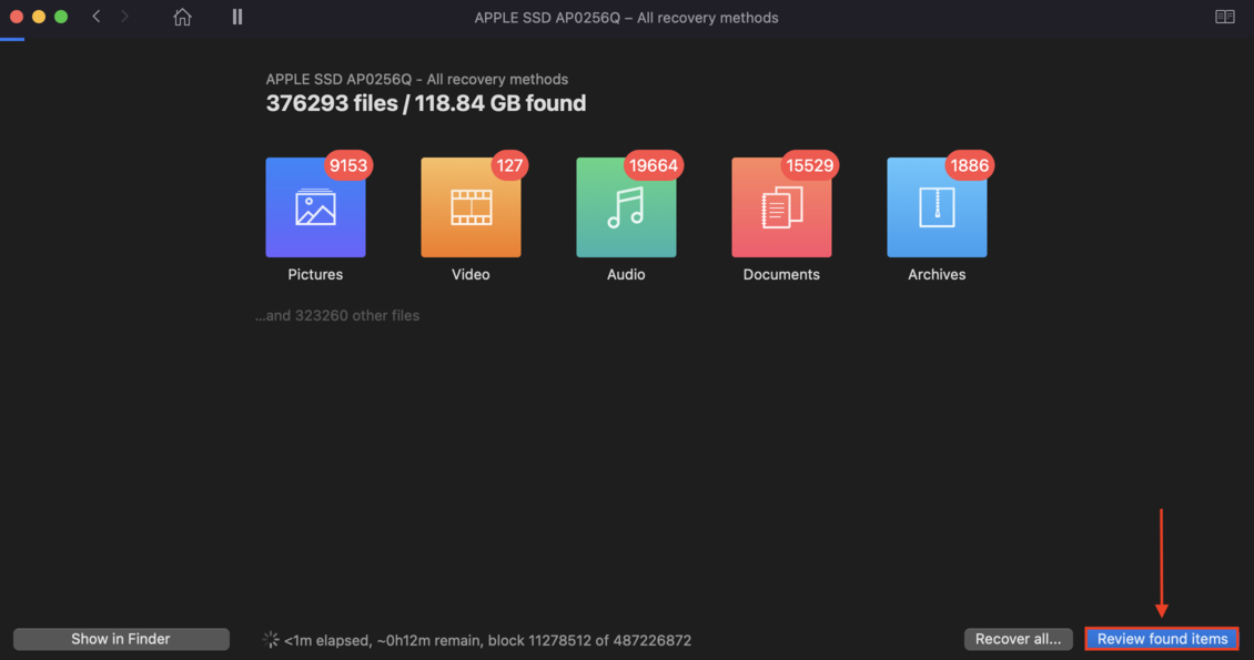 disk drill window showing file categories with a pointer towards the review found items button