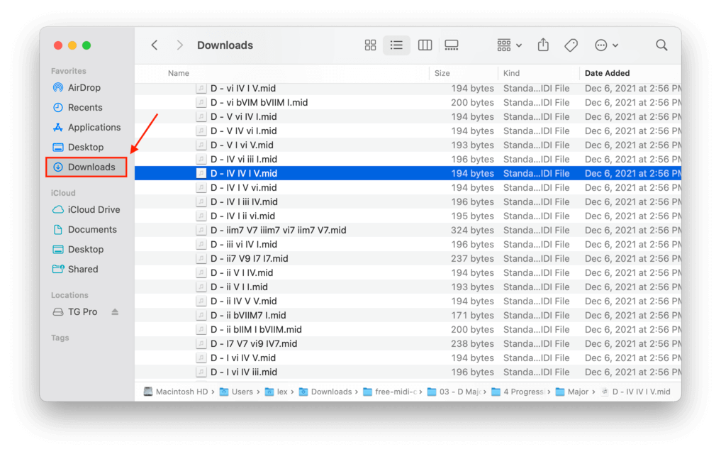 finder downloads folder with an outline highlighting the downloads shortcut in the sidebar