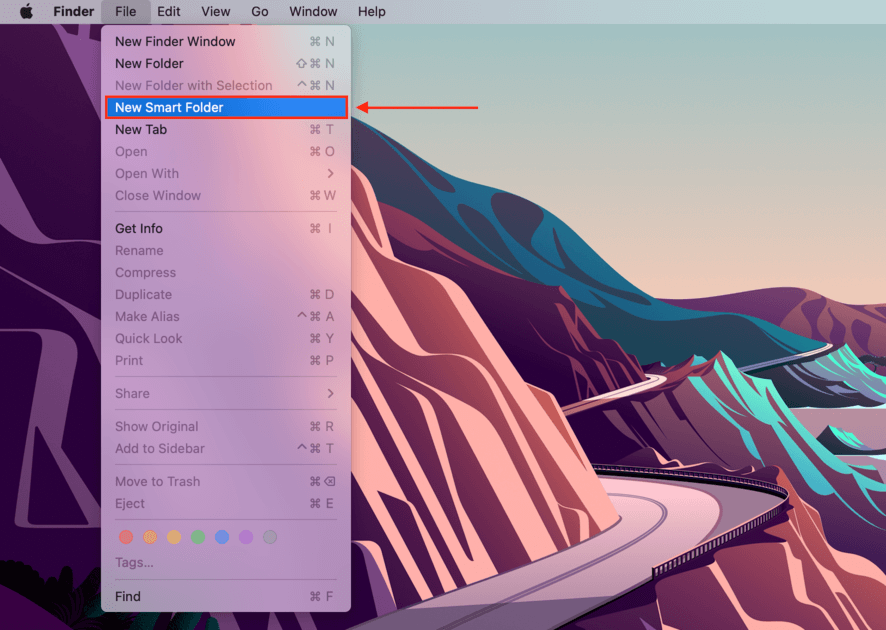 finder file menu with an outline highlighting the new smart folder option