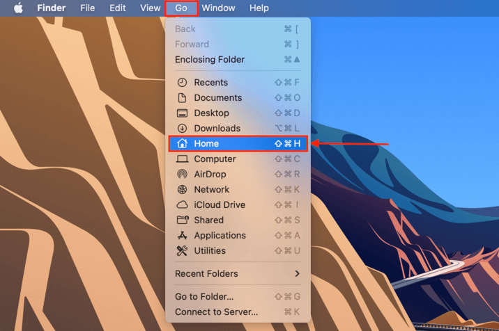 Apple menu bar go menu with an outline highlighting the Home button