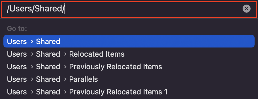 Finder go command, with the /users/shared/ path in the text field