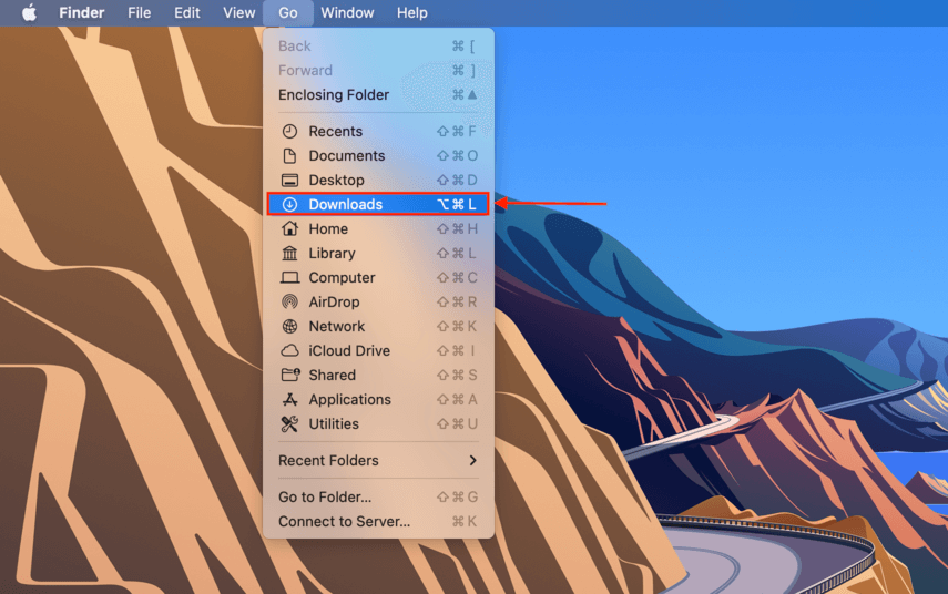 finder go menu with an outline highlighting the downloads folder button