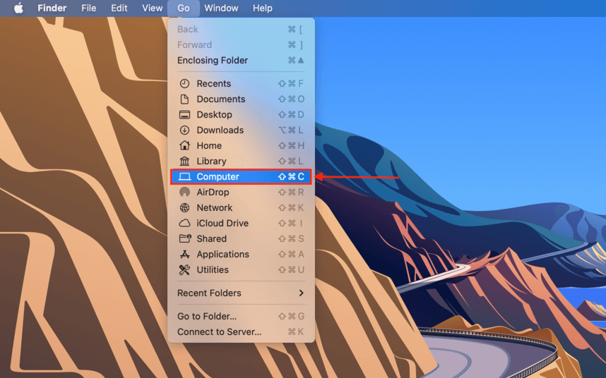 finder go menu with an outline highlighting the computer folder