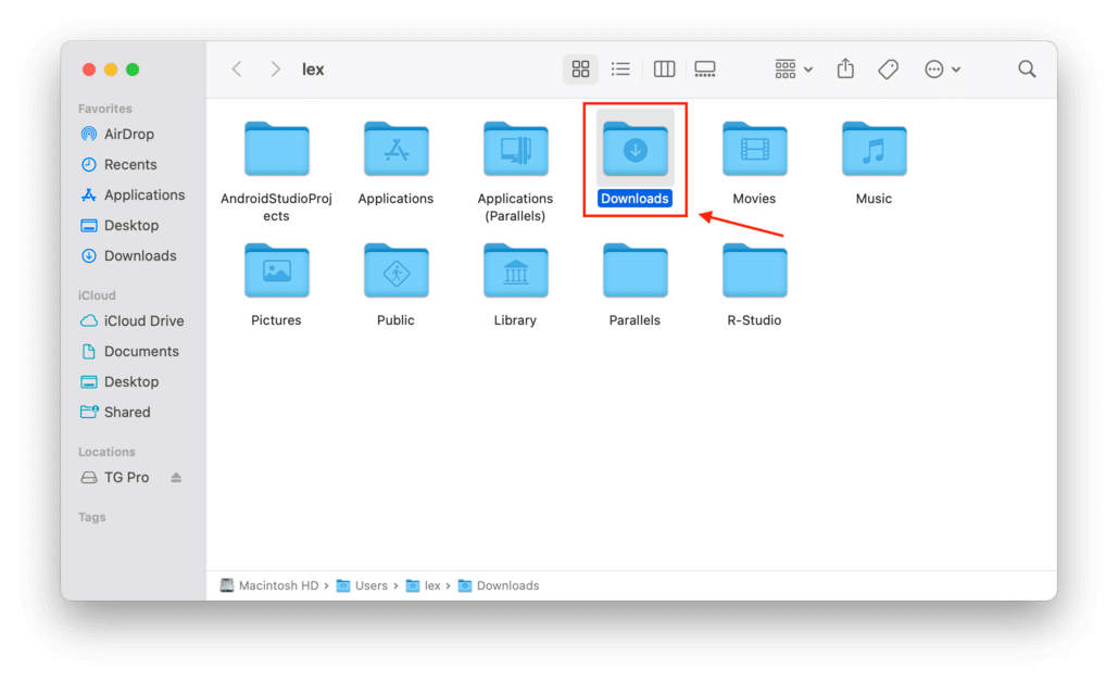 Mac home folder with an outline highlighting the downloads folder