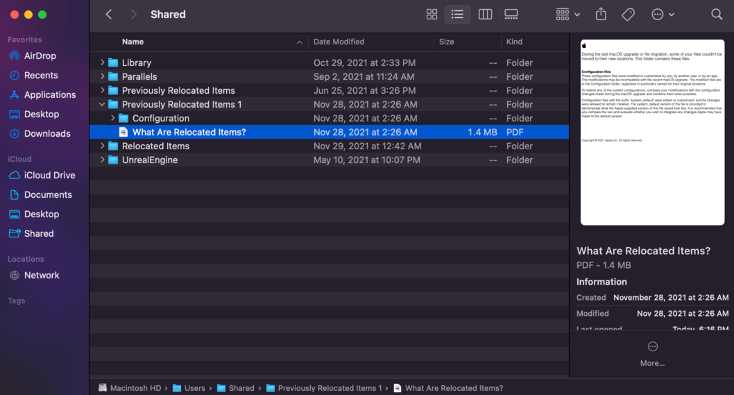 finder shared folder with a preview of Apple's relocated items text guide