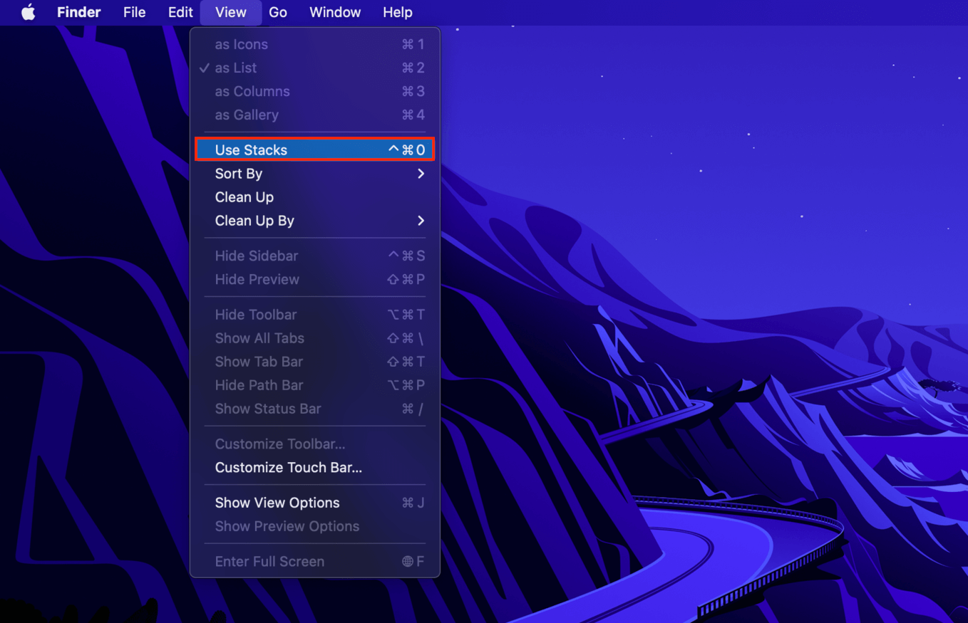 Mac Finder View function with a pointer towards the unchecked use stacks option