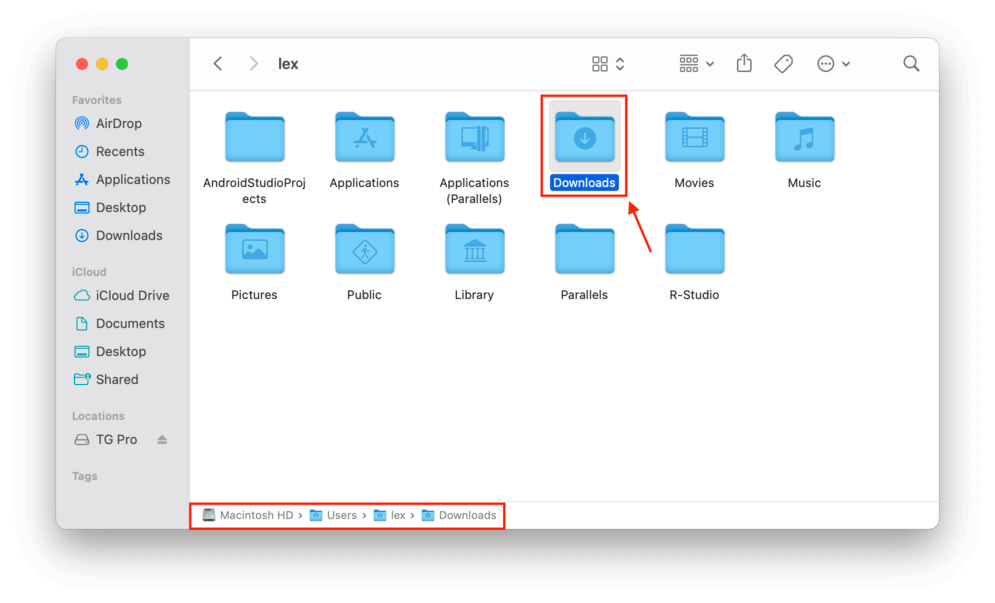 Mac downloads folder with outlines highlighting the download folder and the folder path