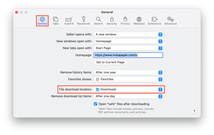 safari preferences window with an outline highlighting the file download location option