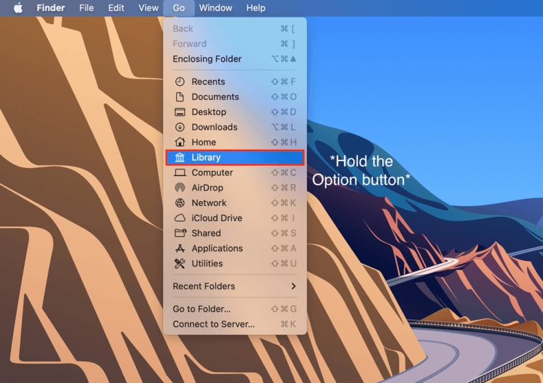Finder go menu with the library folder temporarily appearing