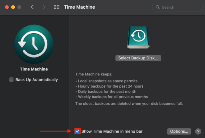 time machine preferences window with a pointer towards the option to show time machine in the apple menu bar