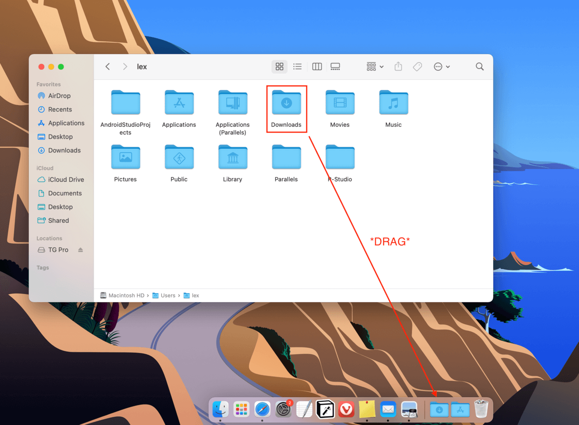 finder folder with an outline highlighting the downloads folder with a pointer towards the dock, instructing readers to drag it there