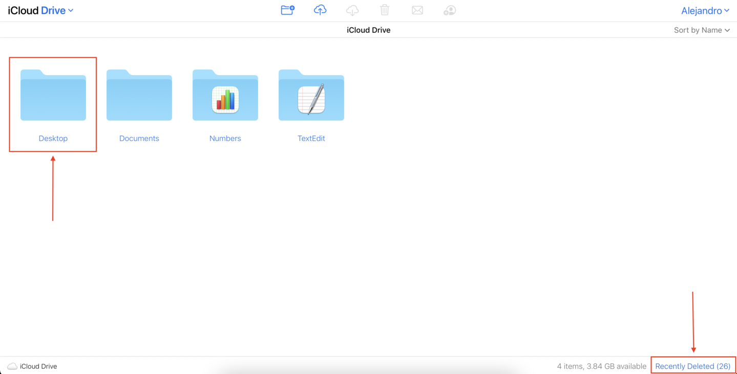 iCloud Drive folder on the iCloud website with a pointer towards the desktop folder