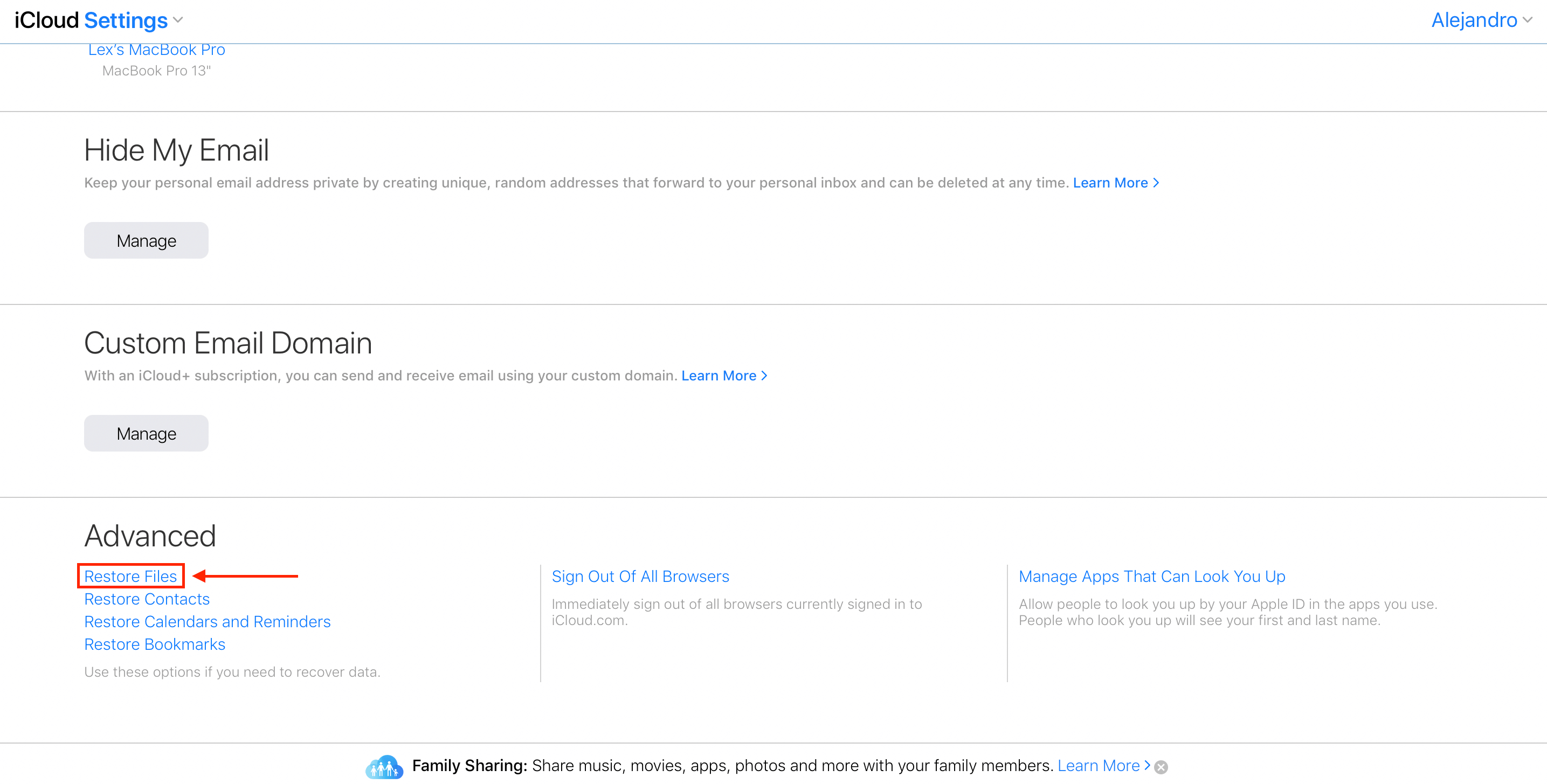 iCloud account setting page with a pointer towards the recover files link