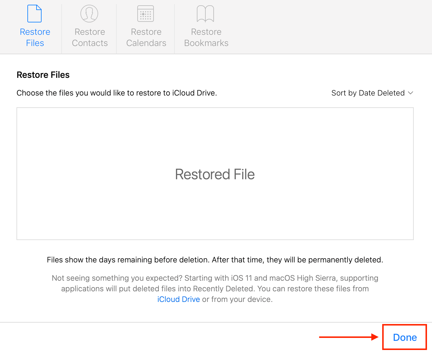 iCloud web restored file confirmation