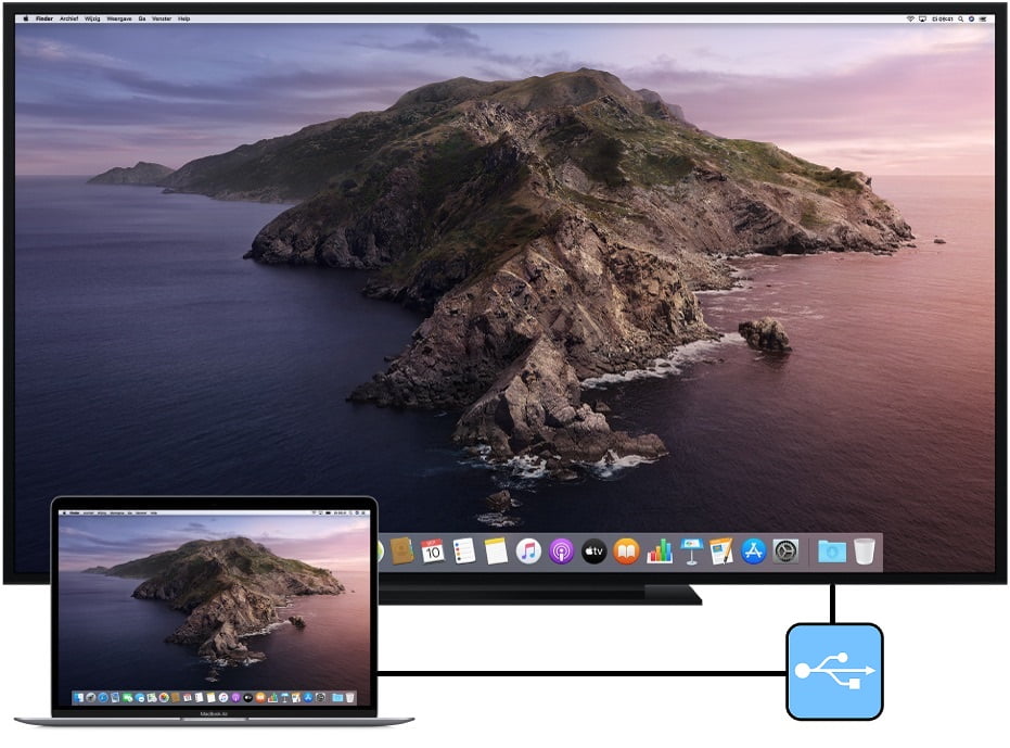 Connect MacBook to TV through cable.