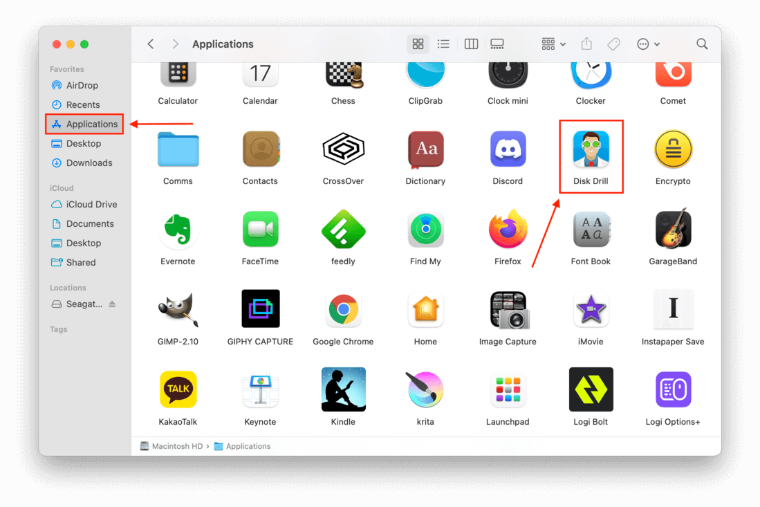 Applications window with a pointer towards the Disk Drill application icon