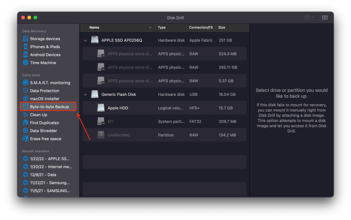 disk drill window with a pointer towards byte-to-byte backup