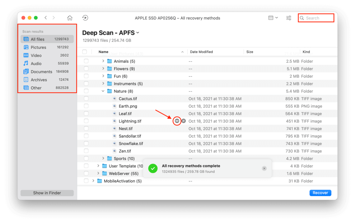 All files window showing a pointer towards the eye button beside the file name