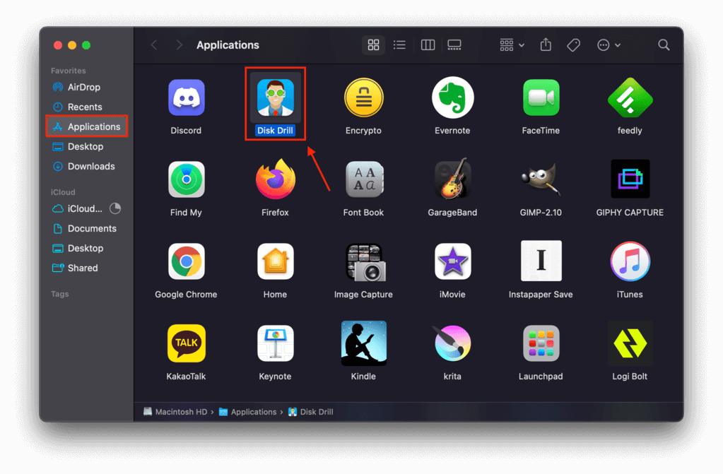 Finder applications window with an outline highlighting the Disk Drill app