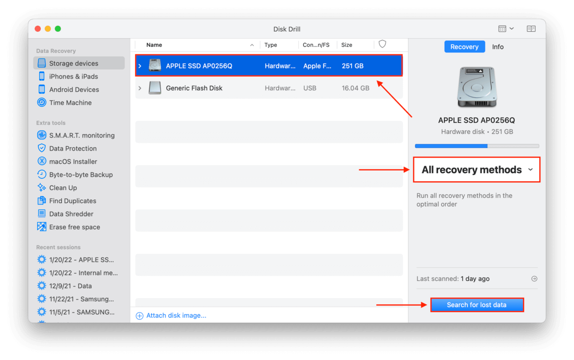 disk drill window with pointers towards the main drive, the recovery method dropdown, and the search for lost data button