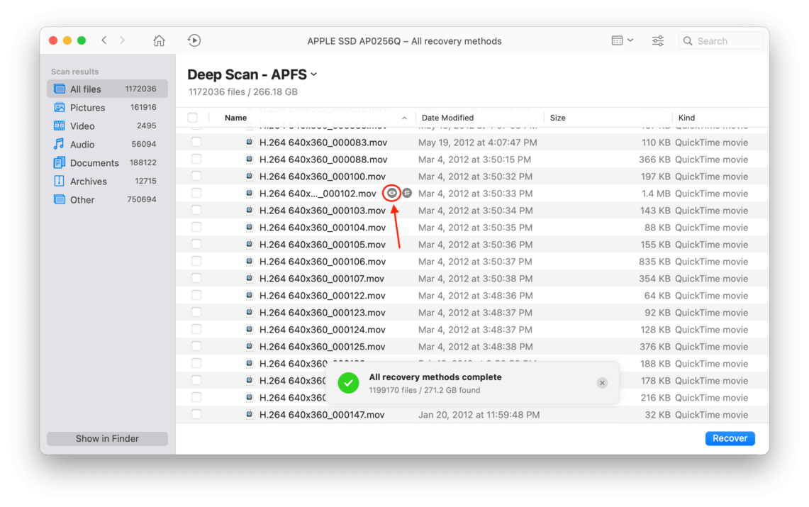 disk drill results window with a pointer towards the preview eye button