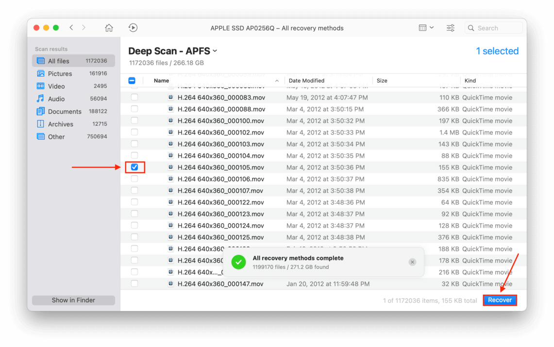 disk drill results window with pointers towards a file's checkbox and the recover button
