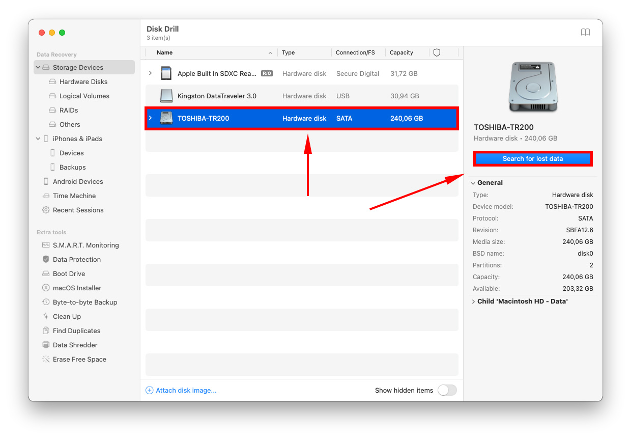 Storage devices window showing a pointer towards a selected drive and another towards the search for lost data button