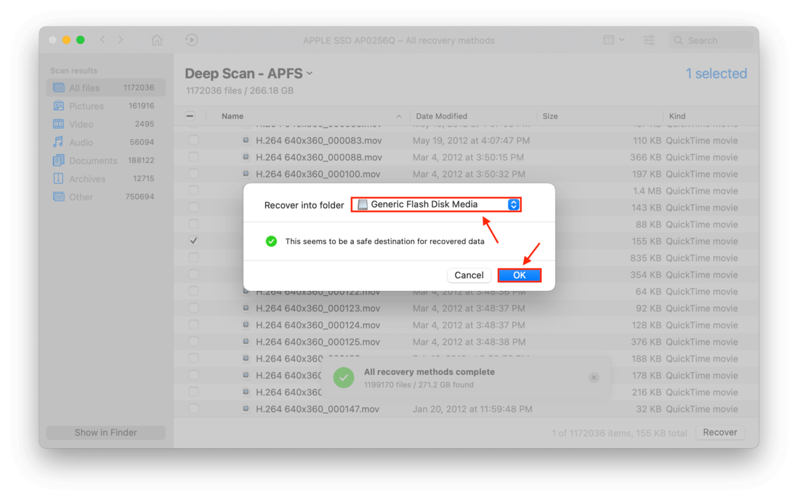disk drill select destination folder popup with pointer towards the destination selection dropdown menu and the ok button