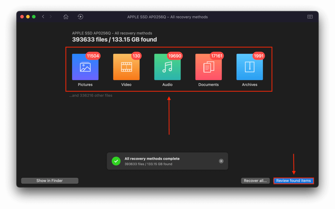 Disk Drill scanning process window with outlines highlighting the file type icons and the review found items button