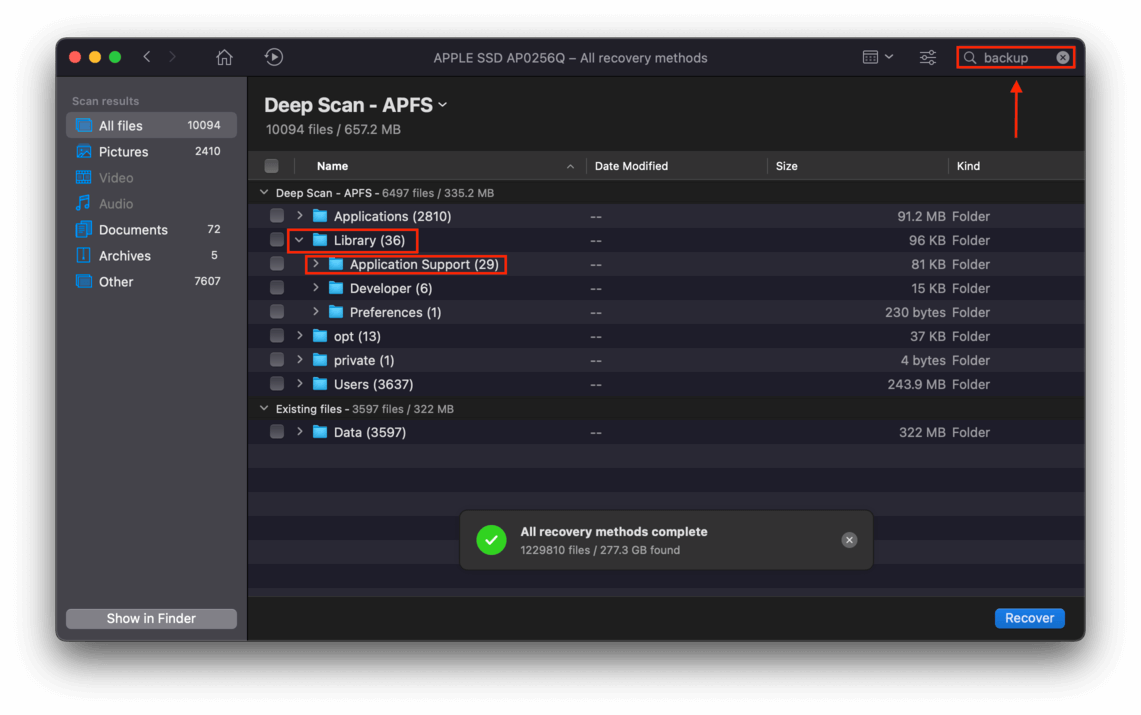 disk drill window showing scan results with outlines highlighting the library and application support folders, as well as the search bar