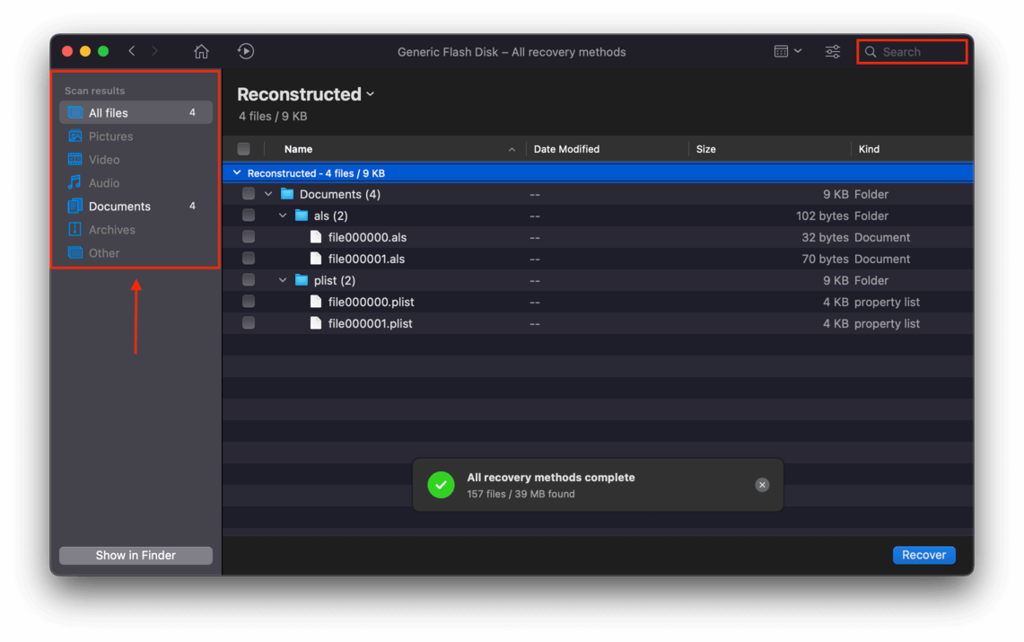 disk drill window with outlines highlighting the search bar and categories sidebar