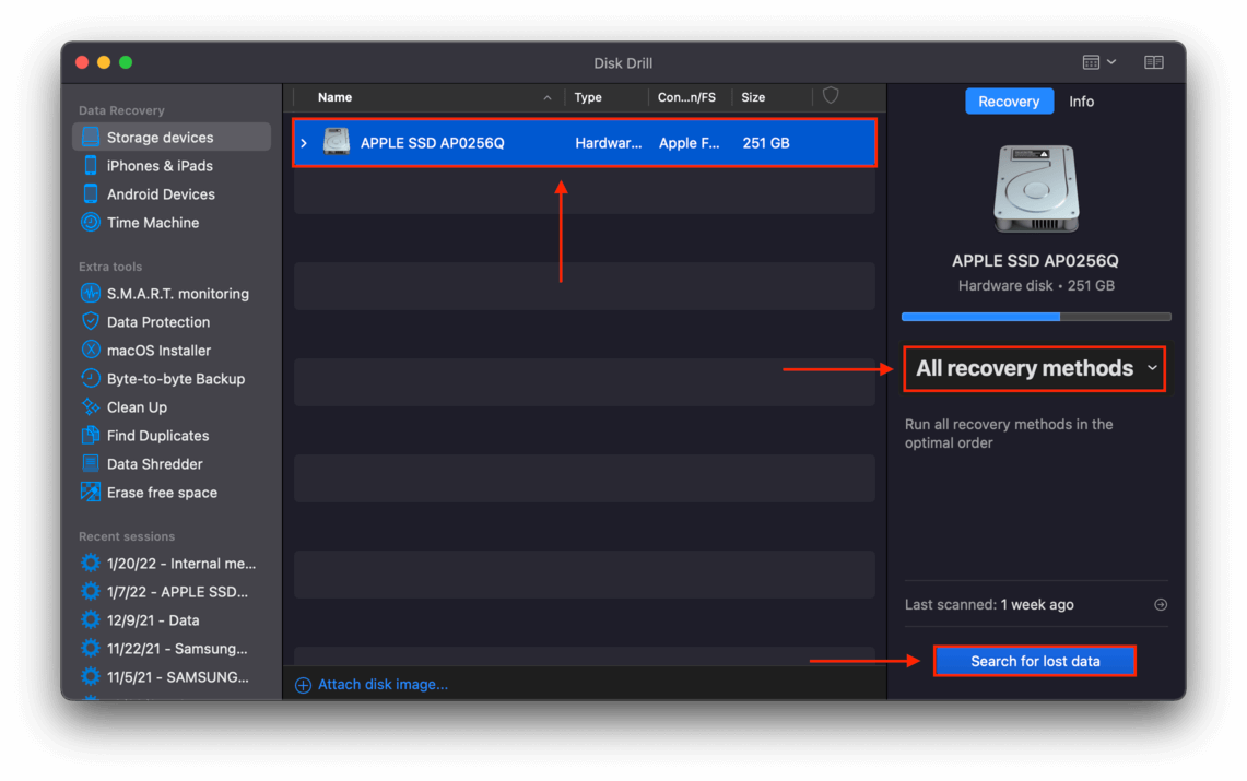 disk drill window with pointers towards a drive, the recovery method, and the search for lost data button