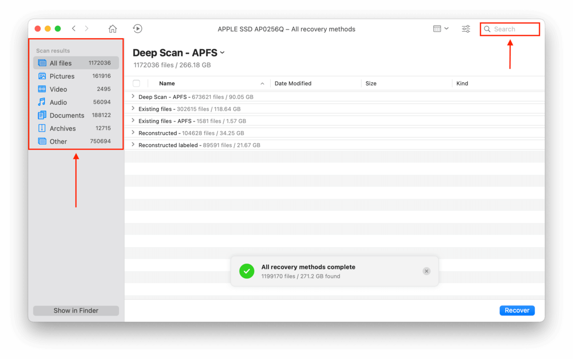 disk drill window with pointers towards the search bar and the categories in the sidebar