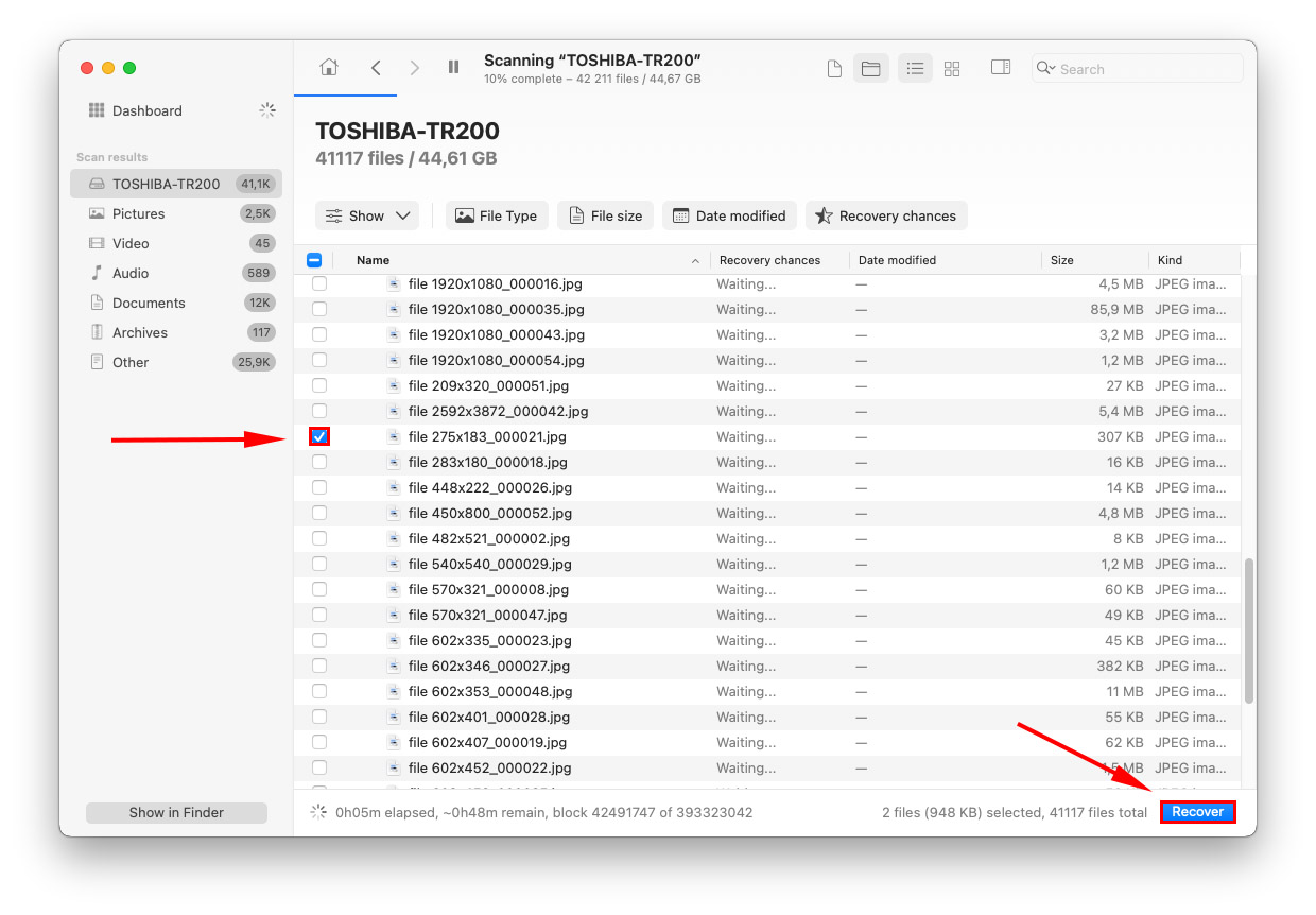 Disk Drill All Files window showing a pointer towards a ticked box and another towards the Recover button